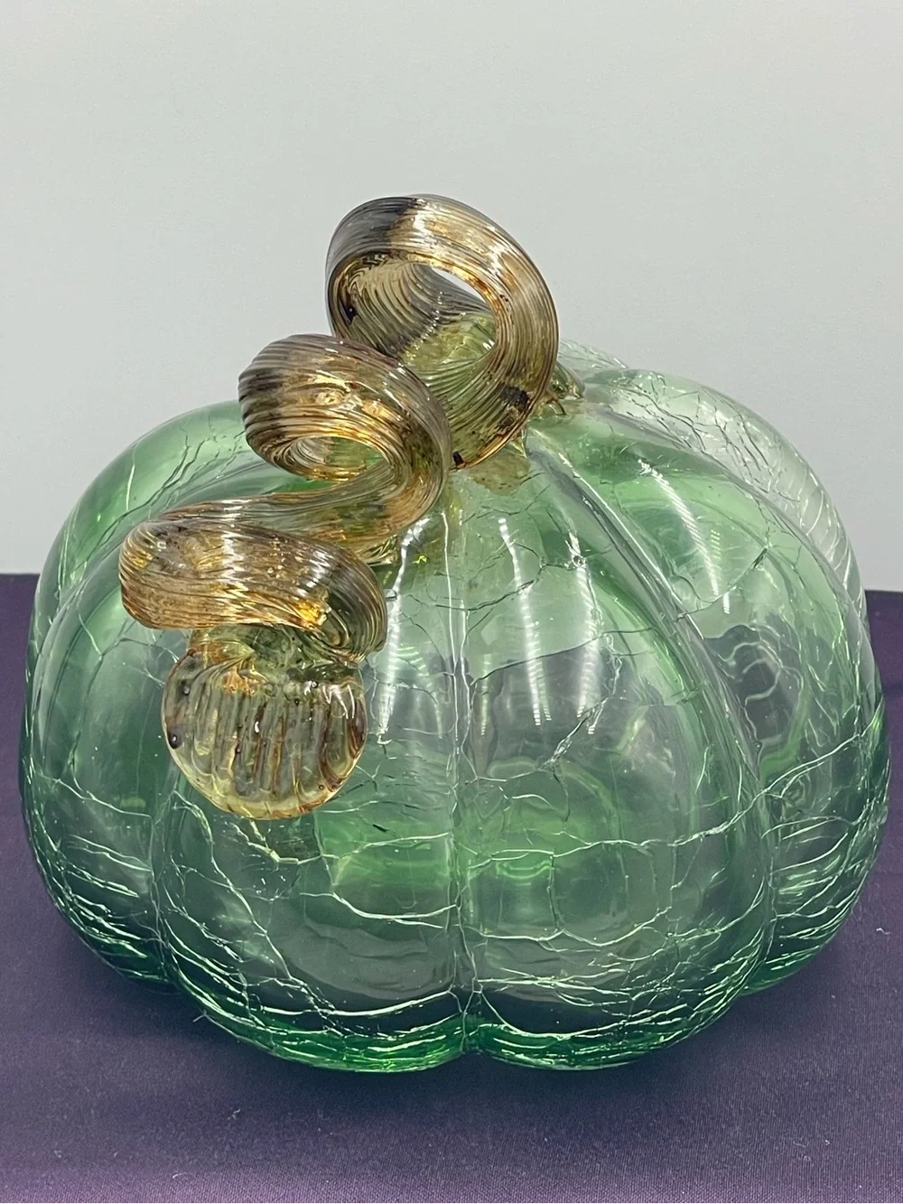Vintage Hand Blown Green Ombre Crackle Art Glass Pumpkin with Amber Twisted Stem